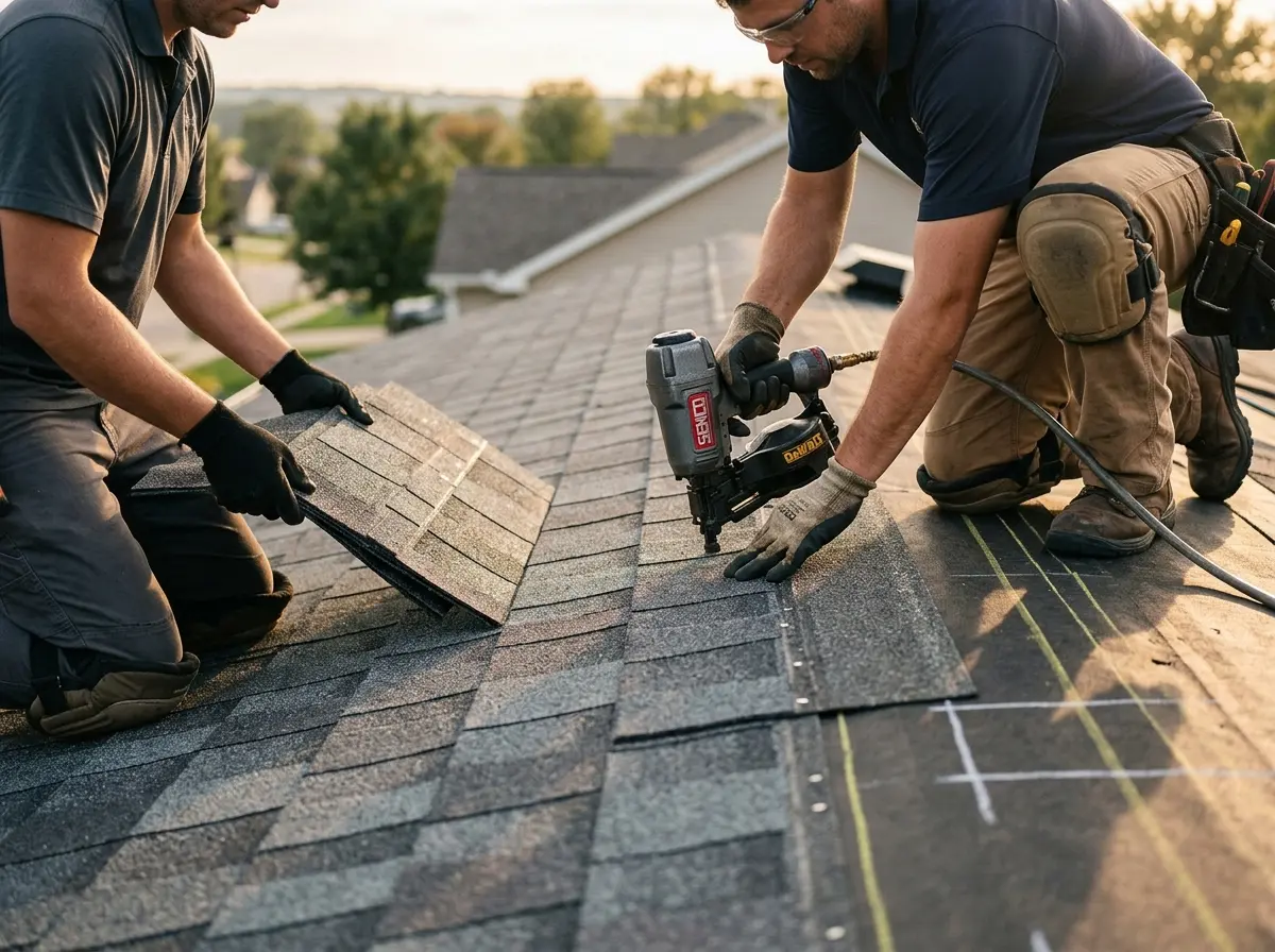 Professional roofer working on a residential roof in Alamo Heights